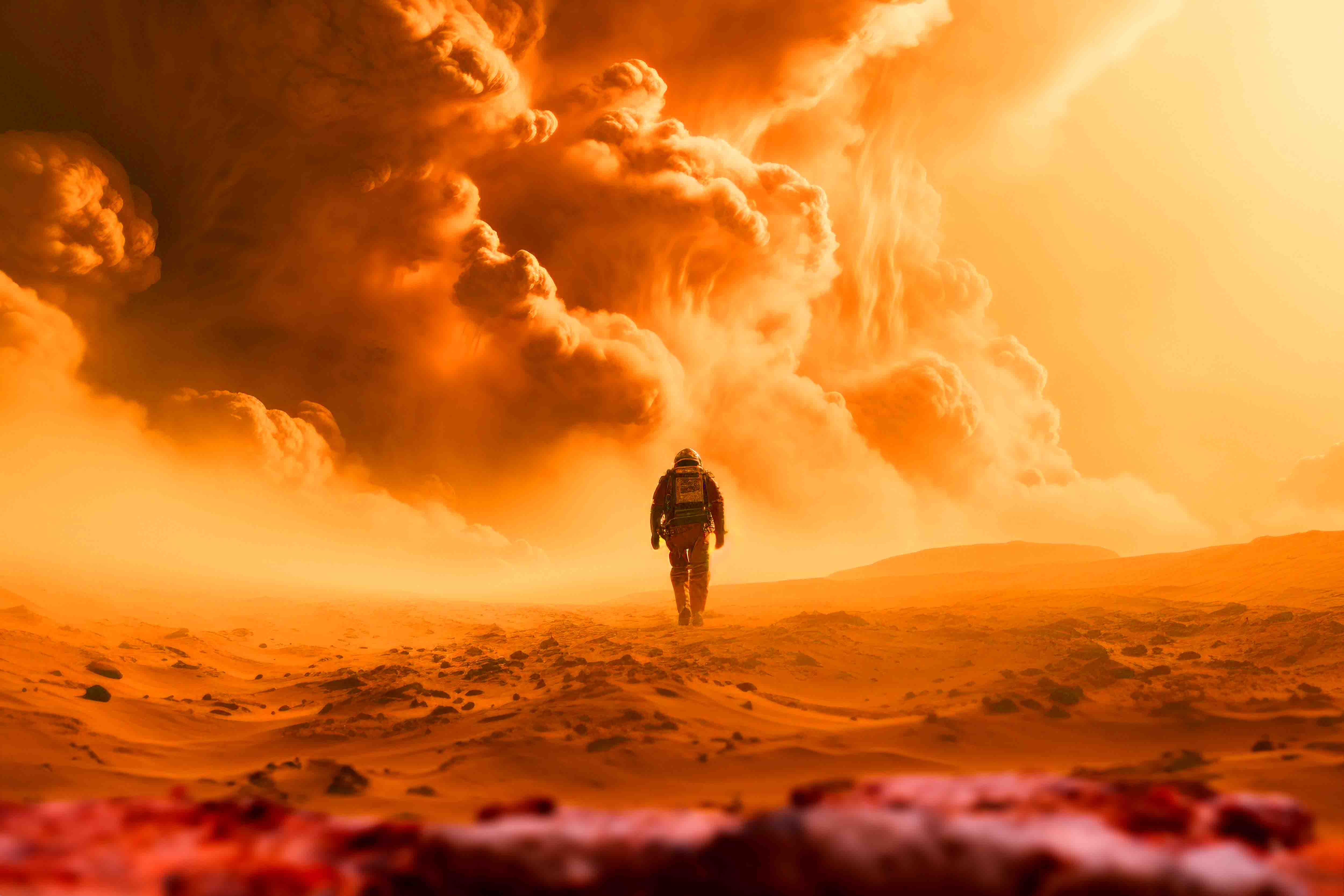 an astronaut walking into a massive dust storm on mars